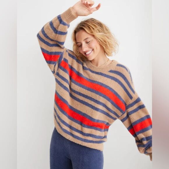 Aerie Flurry Crew Sweater Striped Cappuccino Size Small NWT - Picture 1 of 8